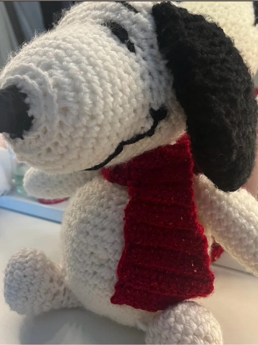 Handmade White Crochet Snoopy-Style Plush with Red Scarf